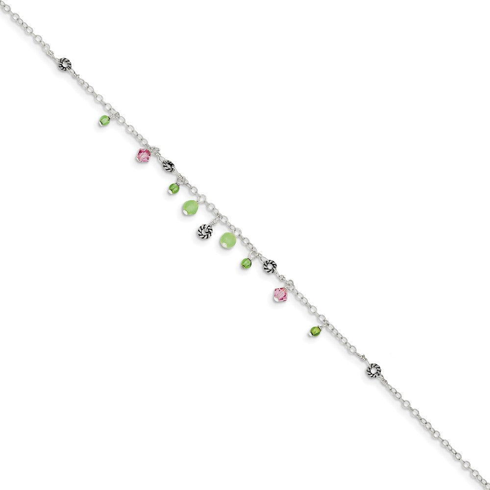 Alternate view of the Sterling Silver Pink Crystal, Green Quartz And Peridot Anklet, 9 Inch by The Black Bow Jewelry Co.