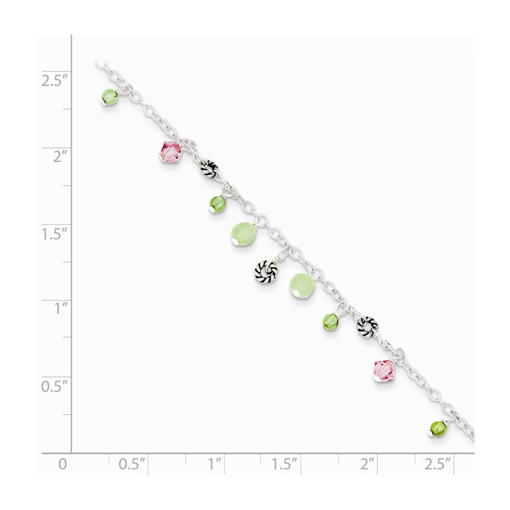 Alternate view of the Sterling Silver Pink Crystal, Green Quartz And Peridot Anklet, 9 Inch by The Black Bow Jewelry Co.
