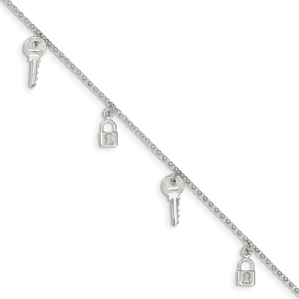 Sterling Silver Lock and Key Charm Anklet, 10 Inch, Item A8296-10 by The Black Bow Jewelry Co.