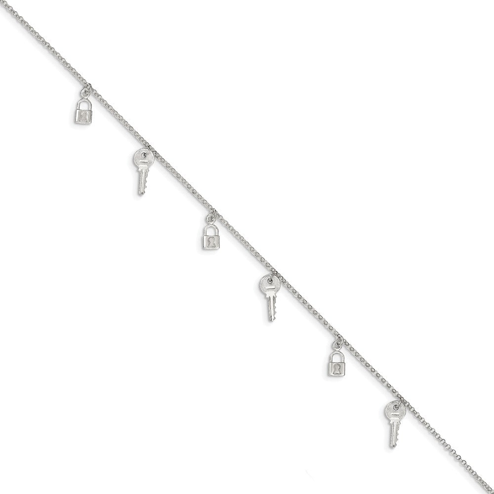 Alternate view of the Sterling Silver Lock and Key Charm Anklet, 10 Inch by The Black Bow Jewelry Co.