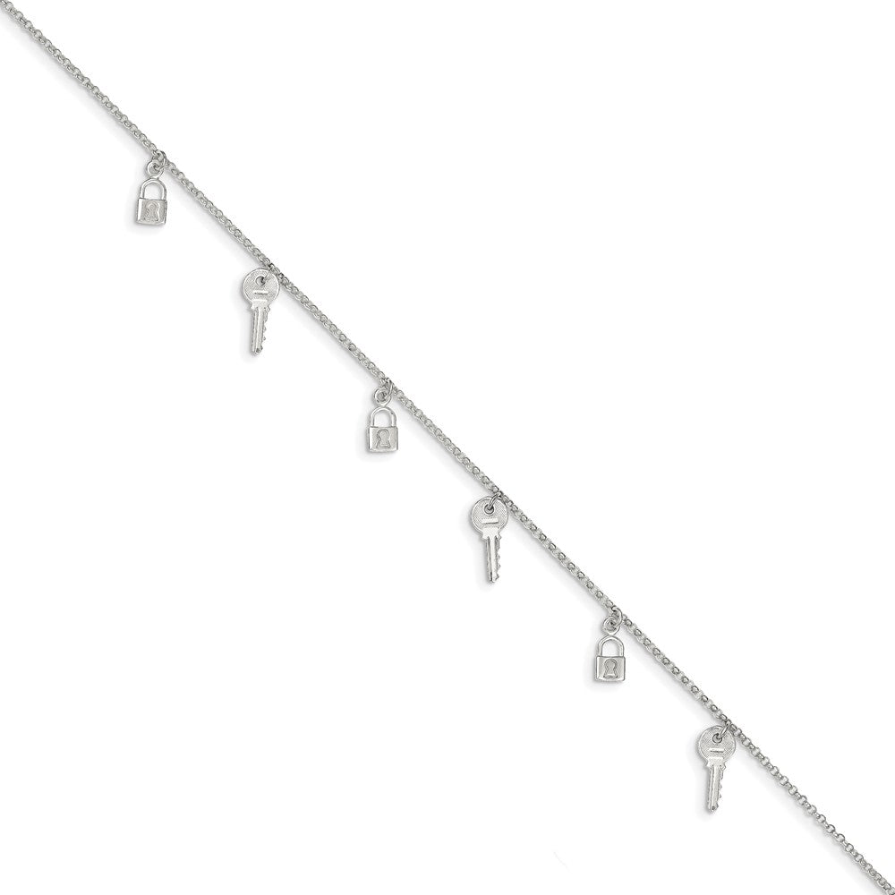 Alternate view of the Sterling Silver Lock and Key Charm Anklet, 10 Inch by The Black Bow Jewelry Co.