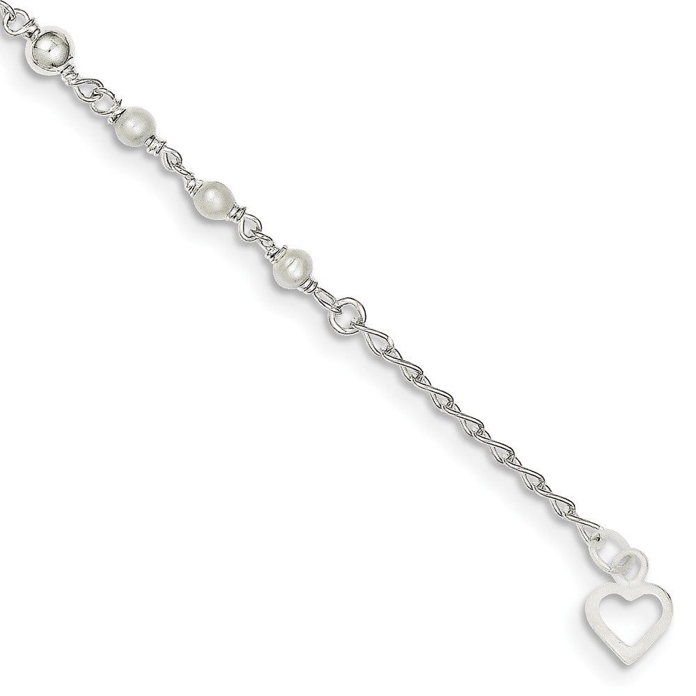 Alternate view of the Sterling Silver FW Cultured Pearl and Heart Anklet, 9-10 Inch by The Black Bow Jewelry Co.