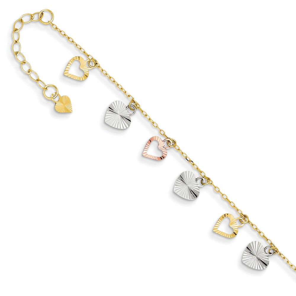 14k Tri-Color Gold Adjustable Heart Anklet, 9-10 Inch, Item A8313-09 by The Black Bow Jewelry Co.