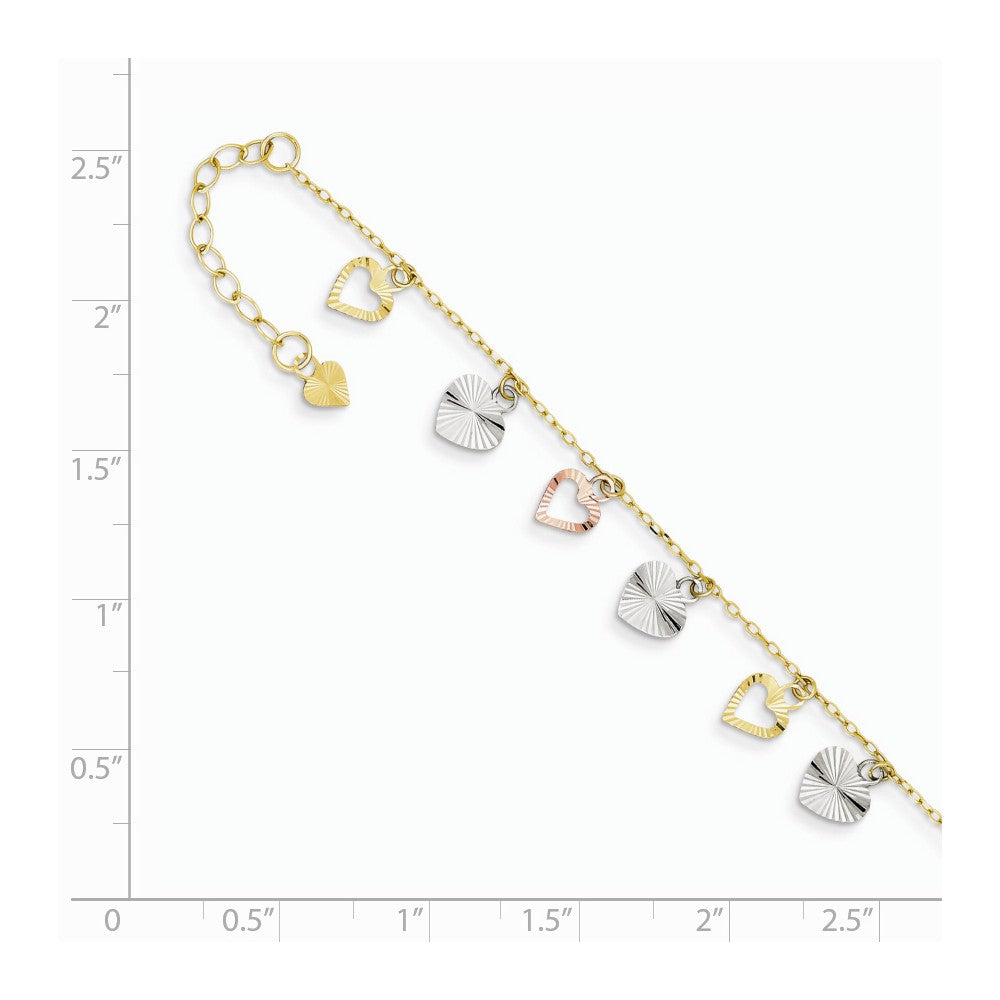 Alternate view of the 14k Tri-Color Gold Adjustable Heart Anklet, 9-10 Inch by The Black Bow Jewelry Co.