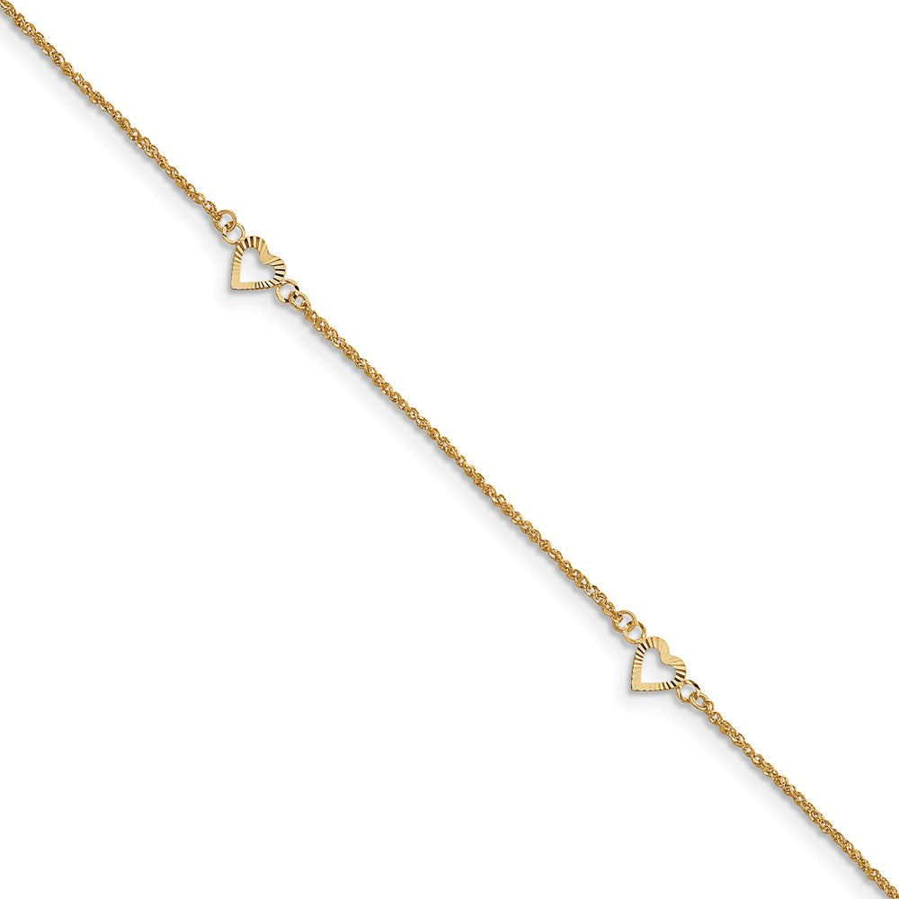 14k Yellow Gold Diamond-cut Hearts Anklet, 9-10 Inch, Item A8333-10 by The Black Bow Jewelry Co.
