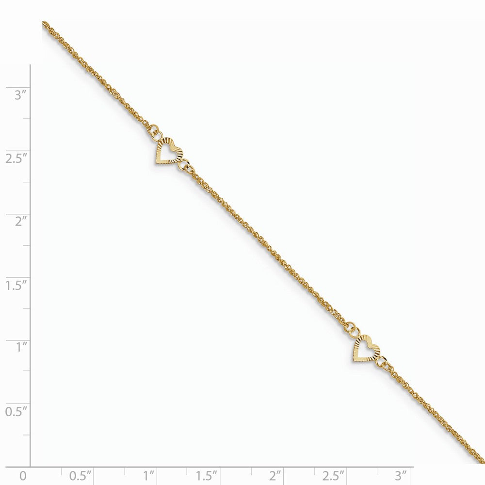 Alternate view of the 14k Yellow Gold Diamond-cut Hearts Anklet, 9-10 Inch by The Black Bow Jewelry Co.