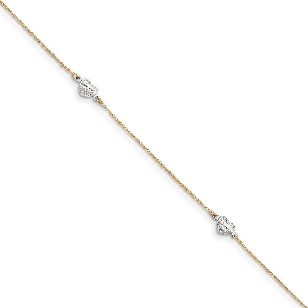 14k Two-tone Gold Puff Heart Anklet, 9-10 Inch, Item A8334-10 by The Black Bow Jewelry Co.