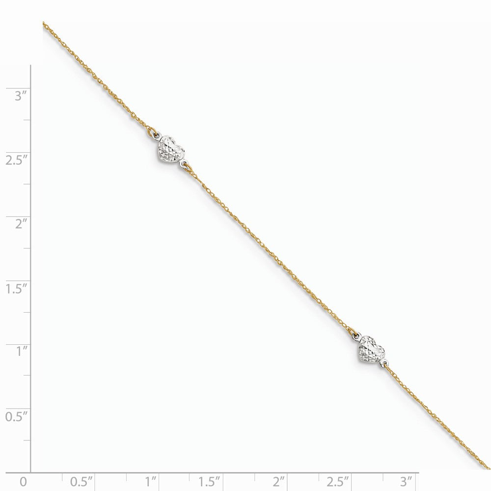 Alternate view of the 14k Two-tone Gold Puff Heart Anklet, 9-10 Inch by The Black Bow Jewelry Co.