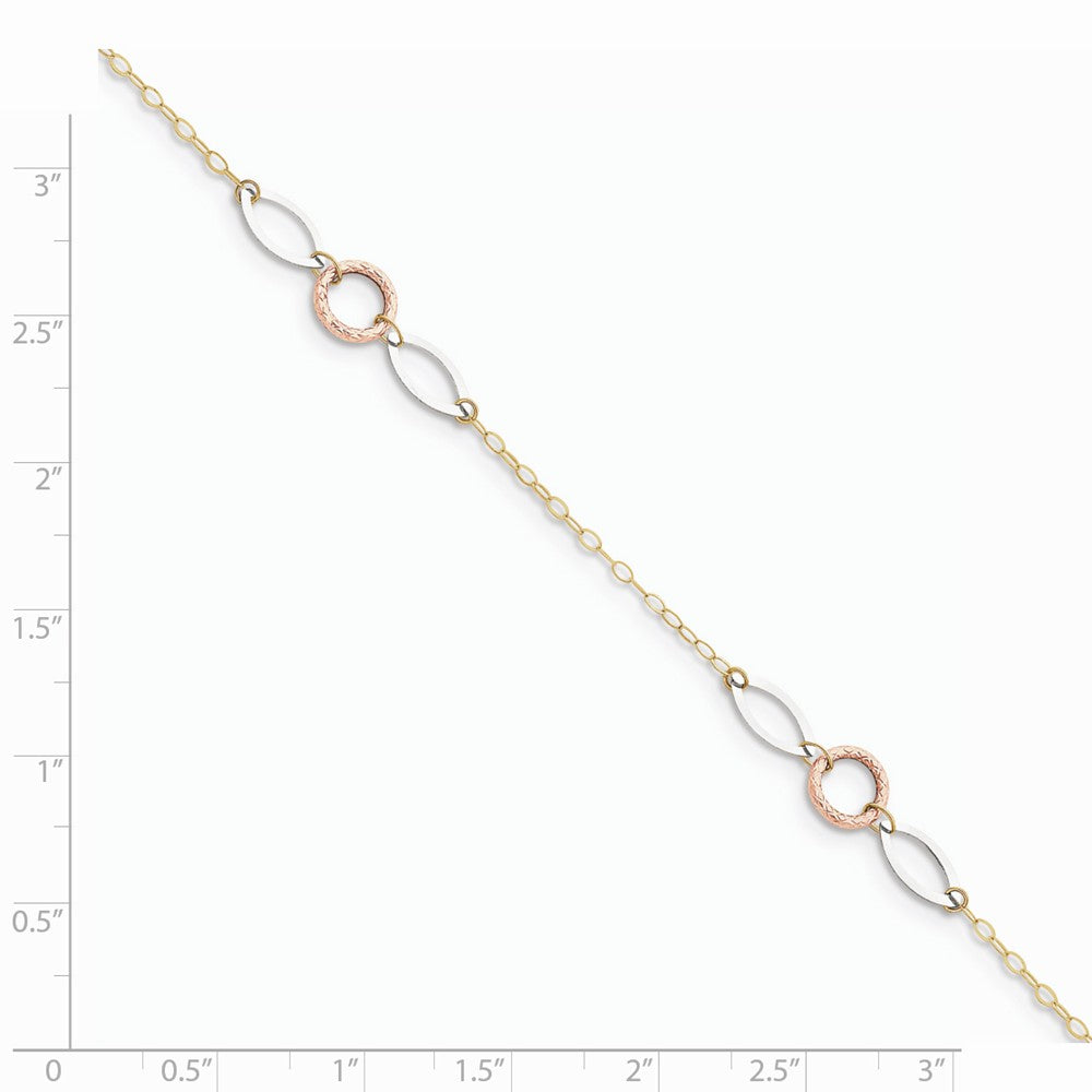 Alternate view of the 14k Tri-Color Gold Circle and Oval Anklet, 9-10 Inch by The Black Bow Jewelry Co.