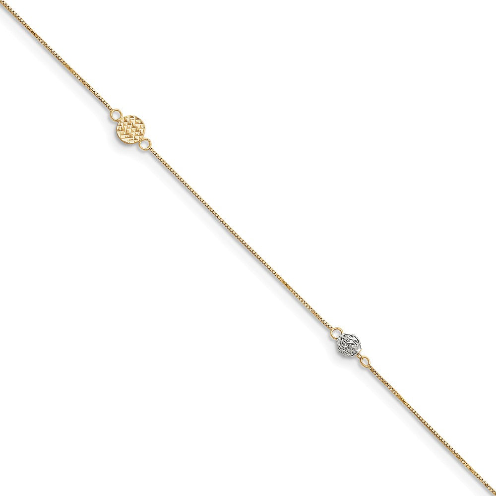 14k Two-Tone Gold 0.5mm Box Chain, Disc and Circle Anklet, 10 Inch, Item A8341-10 by The Black Bow Jewelry Co.