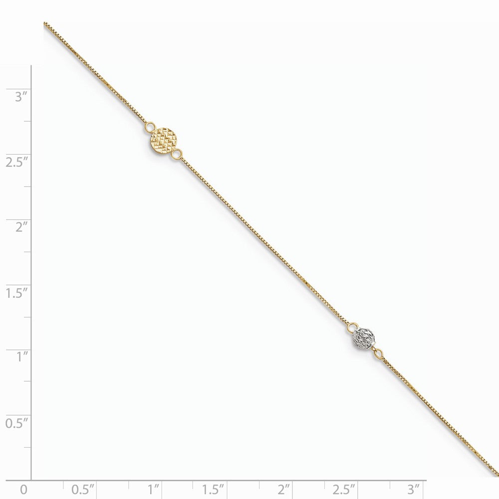 Alternate view of the 14k Two-Tone Gold 0.5mm Box Chain, Disc and Circle Anklet, 10 Inch by The Black Bow Jewelry Co.