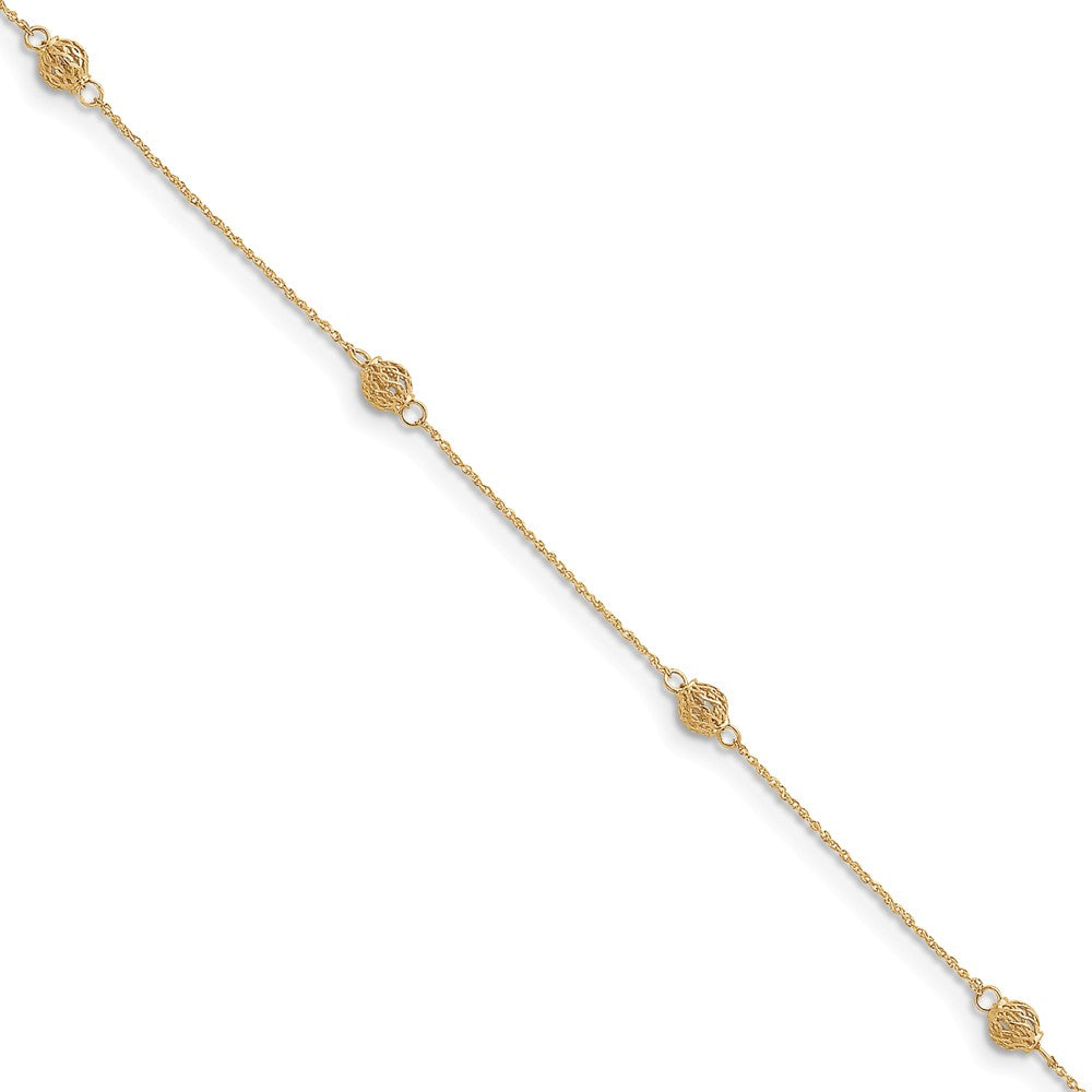 14k Yellow Gold Diamond Cut Anklet with Caged Beads, 10 Inch, Item A8342-10 by The Black Bow Jewelry Co.
