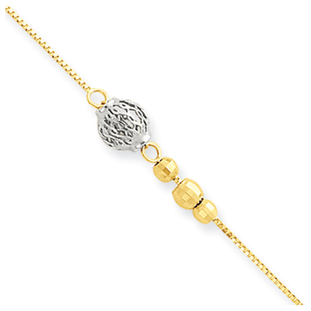14k Two-tone Gold 0.5mm Box Chain And Bead Anklet, 9-10 Inch, Item A8344-10 by The Black Bow Jewelry Co.