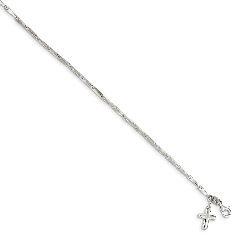 Alternate view of the Sterling Silver Solid Cross and 3mm Fancy Bar Link Anklet by The Black Bow Jewelry Co.