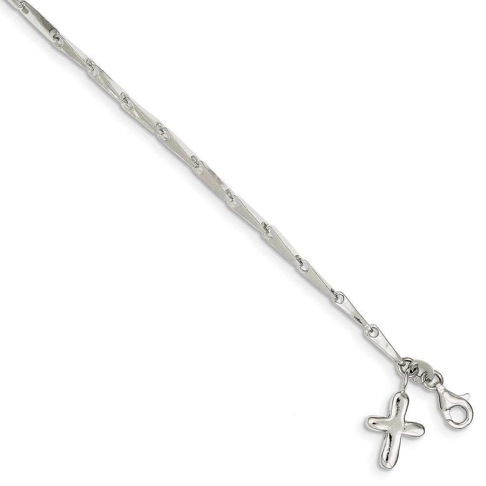Sterling Silver Solid Cross and 3mm Fancy Bar Link Anklet