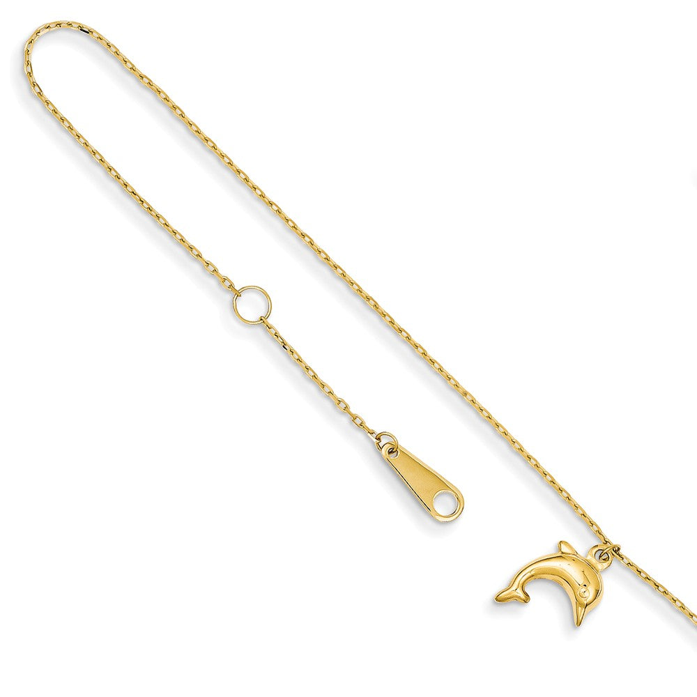 14k Yellow Gold 1mm Cable Chain And Dolphin Charm Anklet, 9-10 Inch, Item A8458-10 by The Black Bow Jewelry Co.