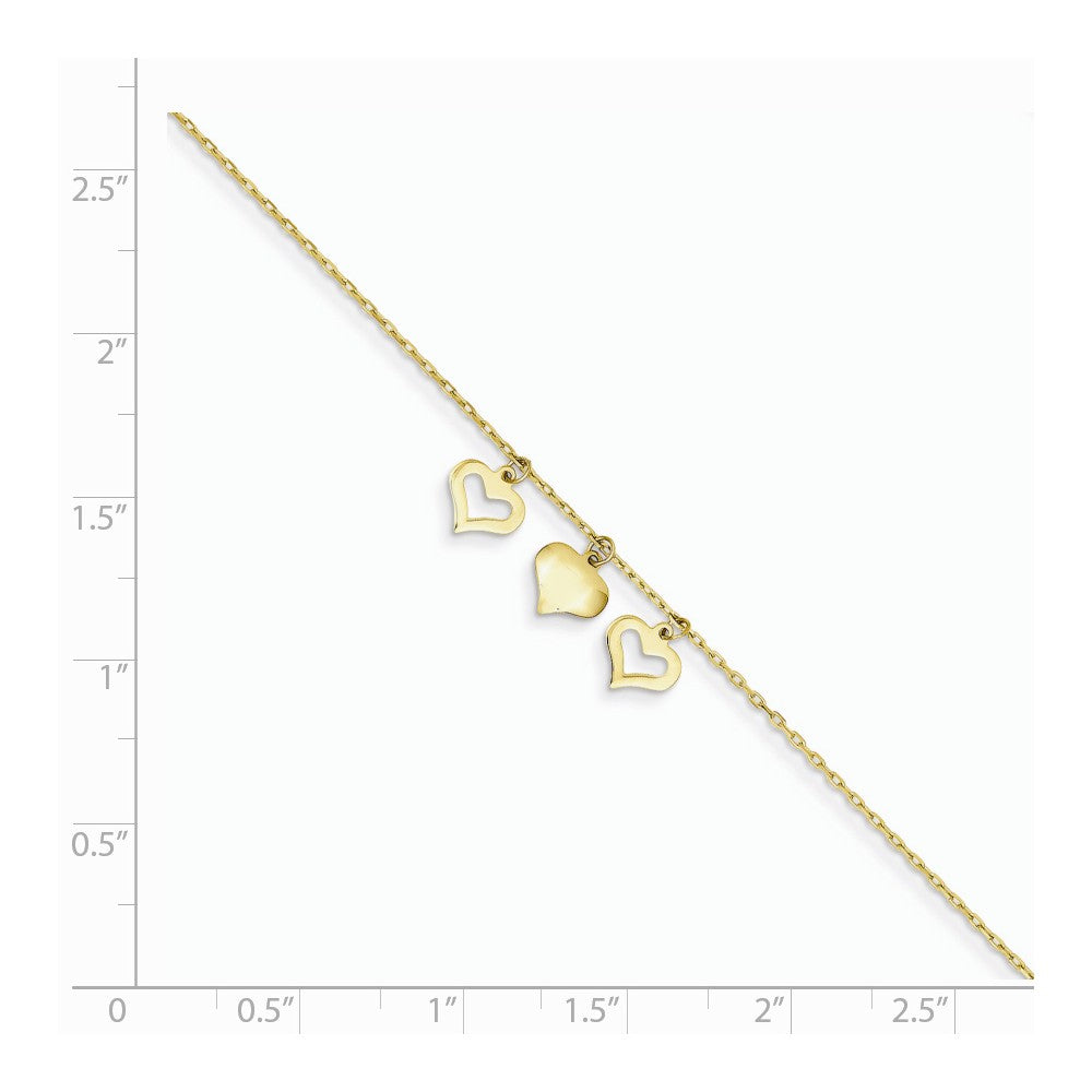 Alternate view of the 14k Yellow Gold 1mm Cable Chain And Triple Heart Charm Anklet, 9-10 In by The Black Bow Jewelry Co.