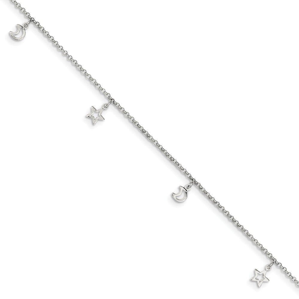 Sterling Silver 2mm Cable Chain Moon and Stars Charm Anklet, 9-10 Inch, Item A8464-9 by The Black Bow Jewelry Co.