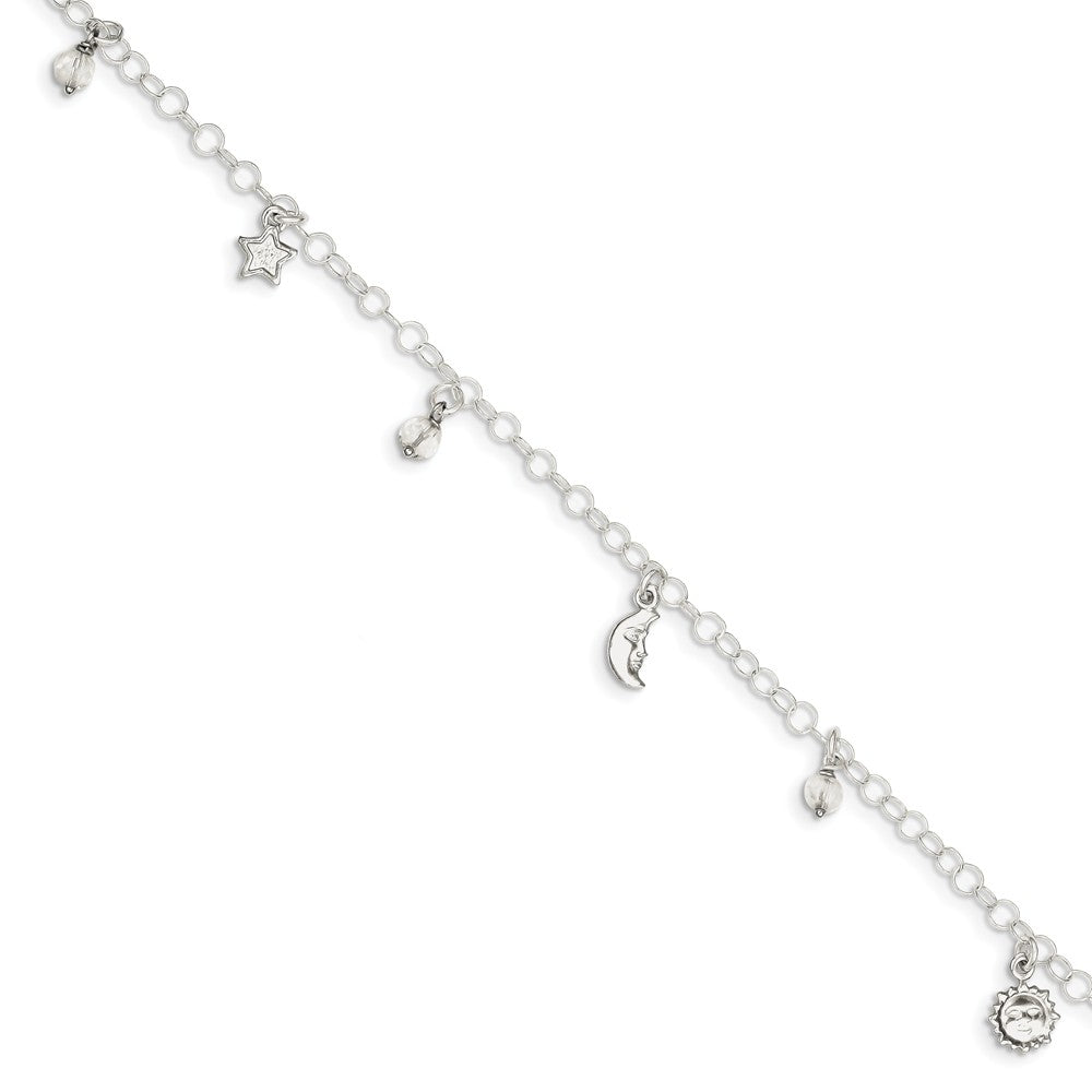 Alternate view of the Sterling Silver 4mm Cable And Crystal Celestial Charm Anklet, 9-10 In by The Black Bow Jewelry Co.