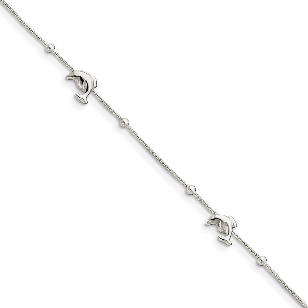 Sterling Silver Bead Round Box Chain And Dolphin Link Anklet, 9-10 In, Item A8468-9 by The Black Bow Jewelry Co.
