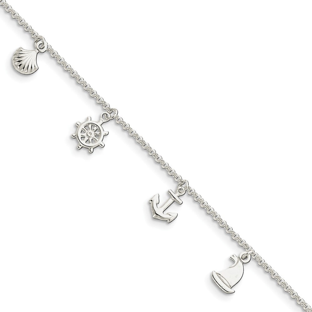 Sterling Silver 2mm Rolo Chain And Nautical Charm Anklet, 9-10 Inch, Item A8470-9 by The Black Bow Jewelry Co.
