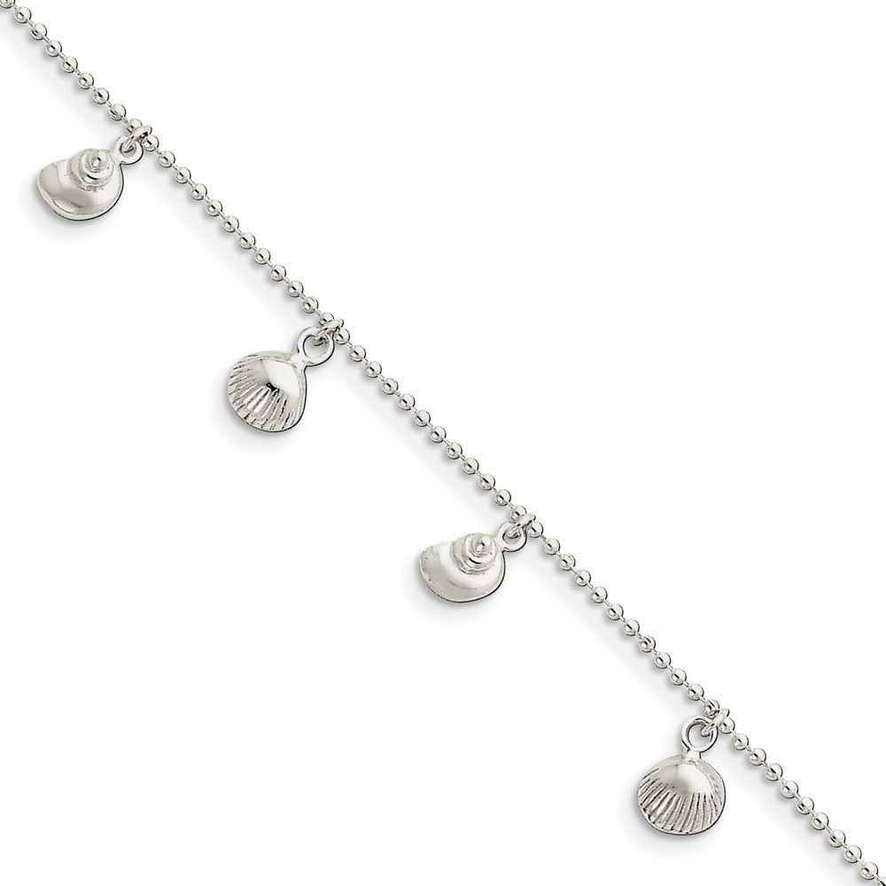 Sterling Silver 1.5mm Bead Chain And Sea Shell Charm Anklet, 9-10 Inch, Item A8471-9 by The Black Bow Jewelry Co.