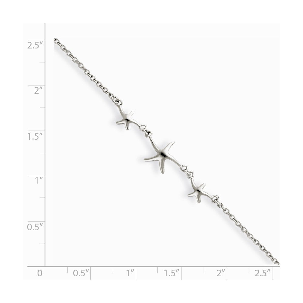 Alternate view of the Rhodium-Plated Sterling Silver Three Sea Stars Anklet, 10-11 Inch by The Black Bow Jewelry Co.