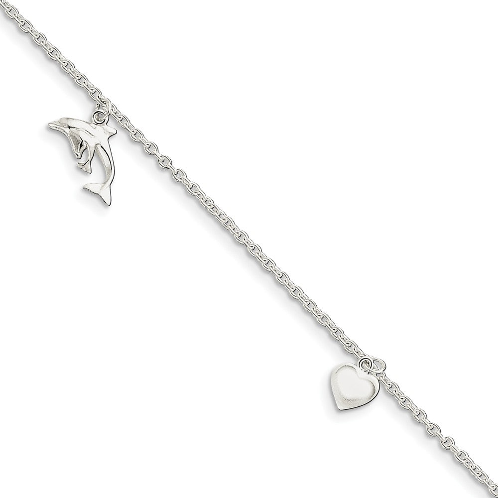 Sterling Silver 2mm Cable Chain, Dolphin Heart Star Anklet, 9-10 In, Item A8474-9 by The Black Bow Jewelry Co.