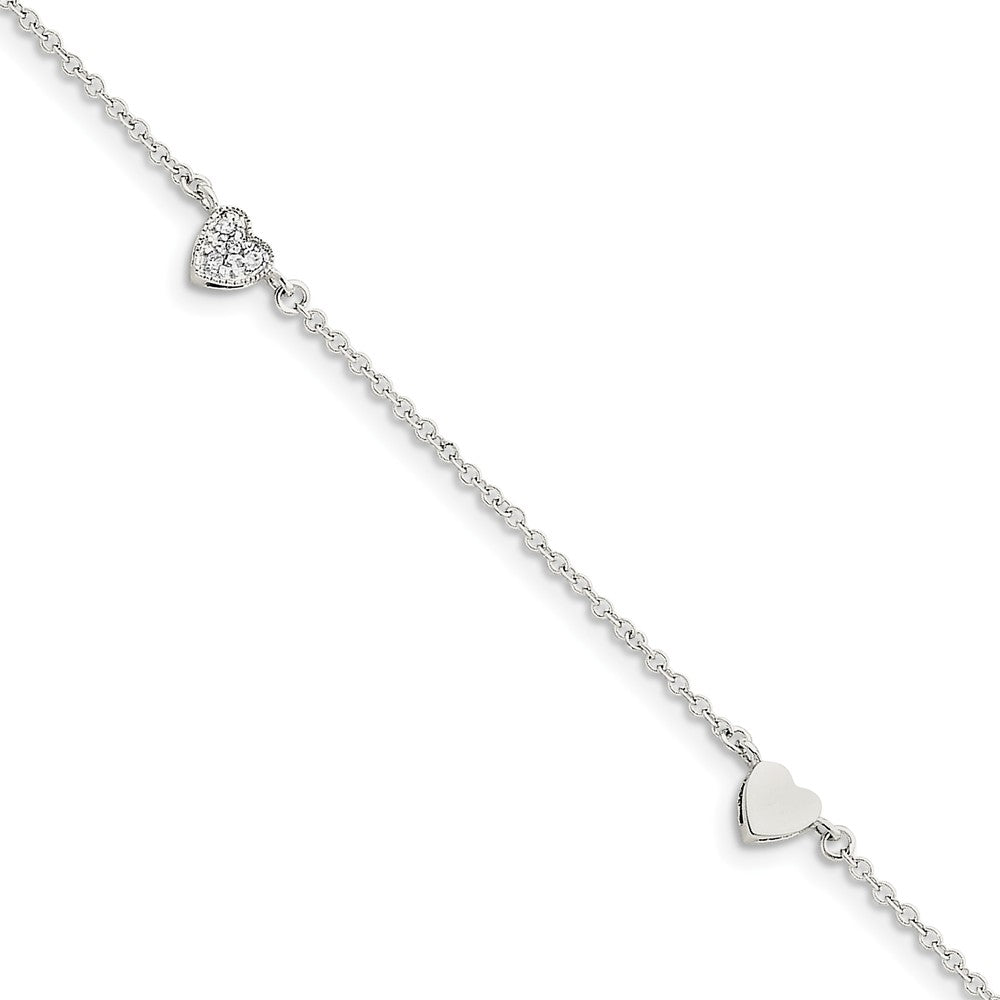 Sterling Silver Polished and CZ Heart Station Anklet, 9-10 Inch, Item A8476-9 by The Black Bow Jewelry Co.