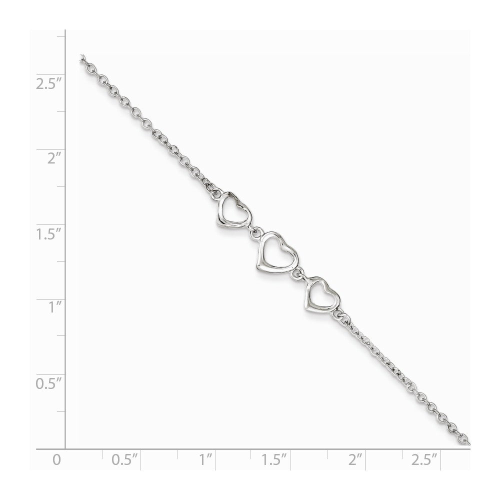 Alternate view of the Rhodium-Plated Sterling Silver Triple Heart Anklet, 10-11 Inch by The Black Bow Jewelry Co.