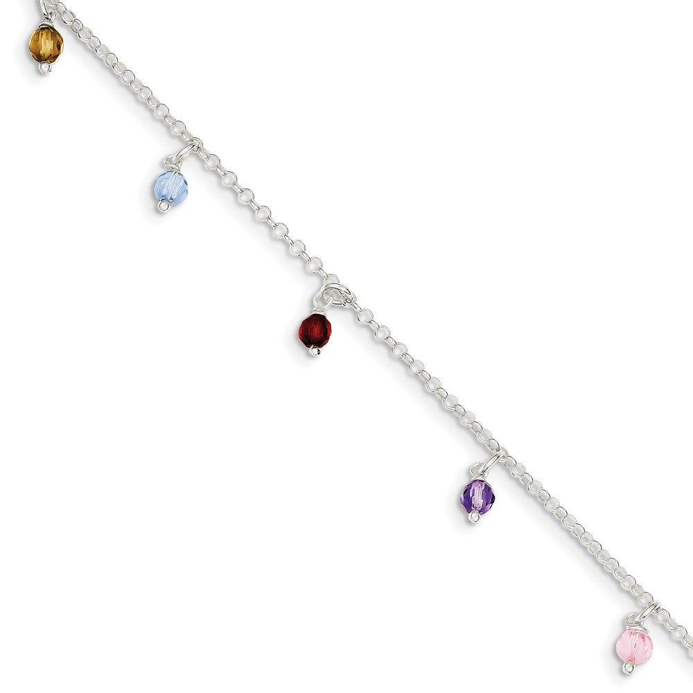 Multicolored Crystal And Sterling Silver 2mm Cable Anklet, 9-10 In, Item A8493-9 by The Black Bow Jewelry Co.