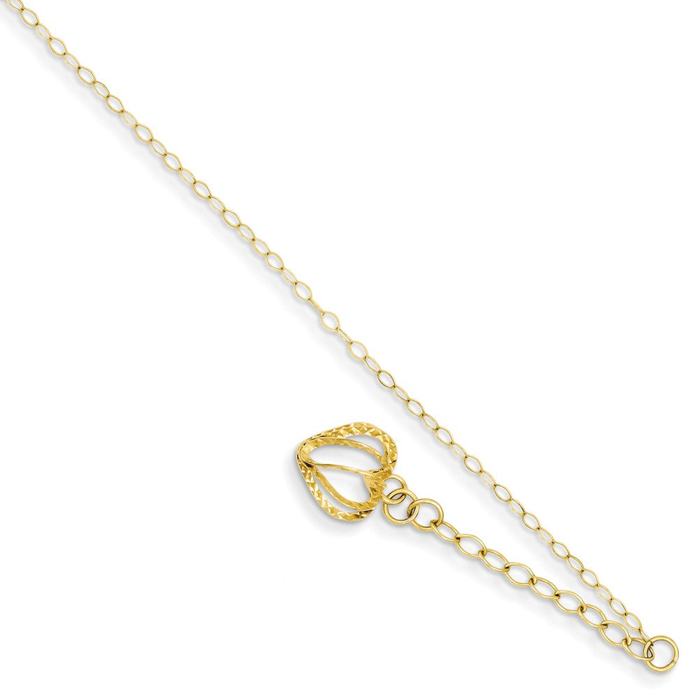 14k Yellow Gold Oval Link Anklet with Open Heart Cage Charm, 9-10 Inch, Item A8505 by The Black Bow Jewelry Co.