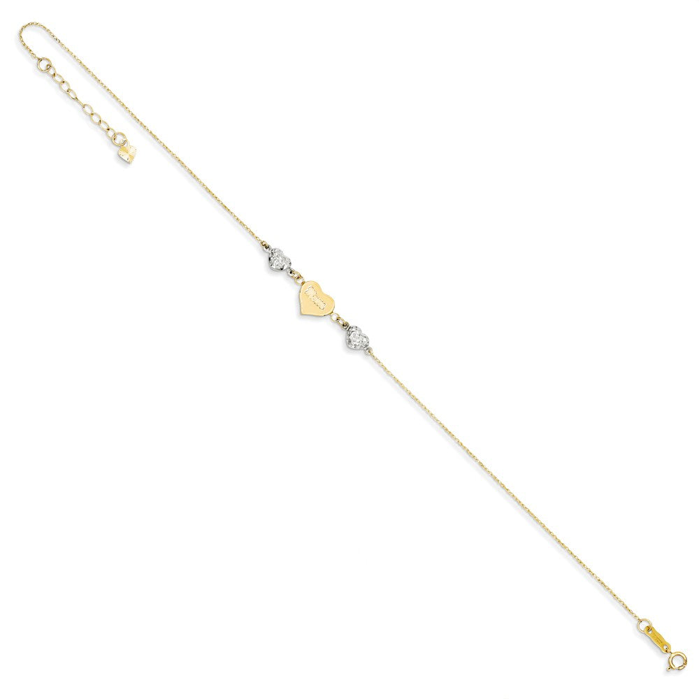 Alternate view of the 14k Two-Tone Gold Diamond-Cut Puffed and Mom Heart Anklet, 9 Inch by The Black Bow Jewelry Co.