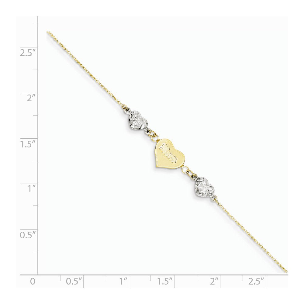 Alternate view of the 14k Two-Tone Gold Diamond-Cut Puffed and Mom Heart Anklet, 9 Inch by The Black Bow Jewelry Co.