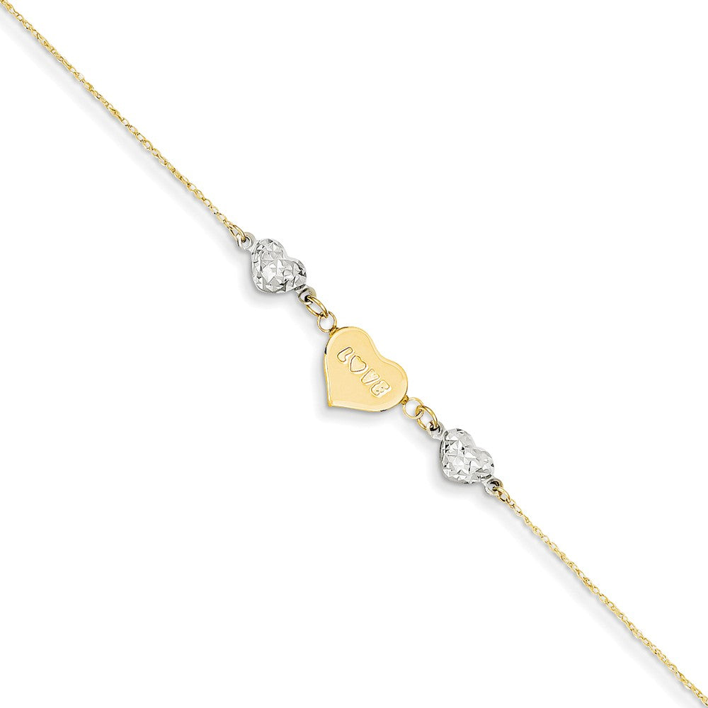 14k Two-Tone Gold Diamond-Cut Puffed and Love Heart Anklet, 9 Inch, Item A8508 by The Black Bow Jewelry Co.