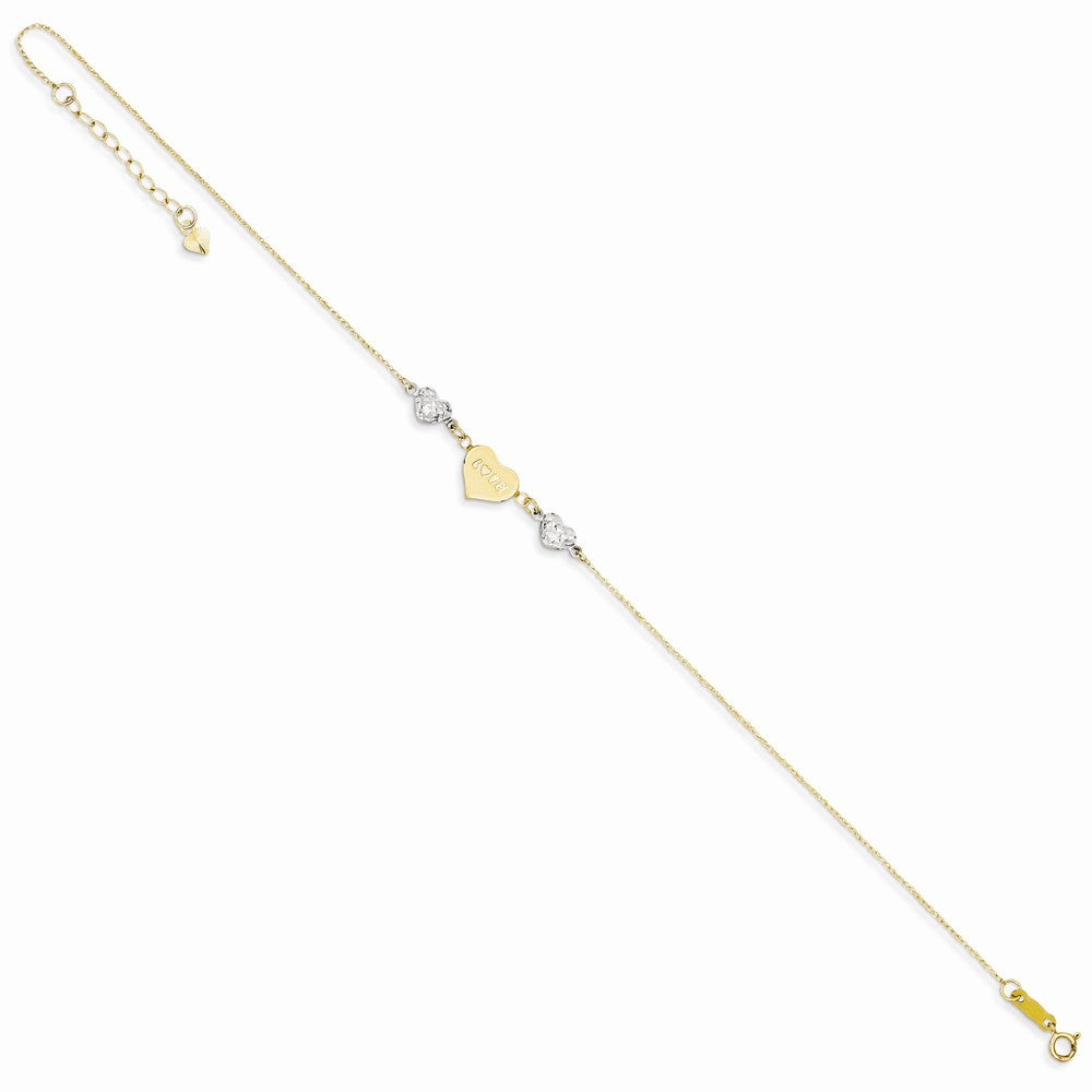 Alternate view of the 14k Two-Tone Gold Diamond-Cut Puffed and Love Heart Anklet, 9 Inch by The Black Bow Jewelry Co.