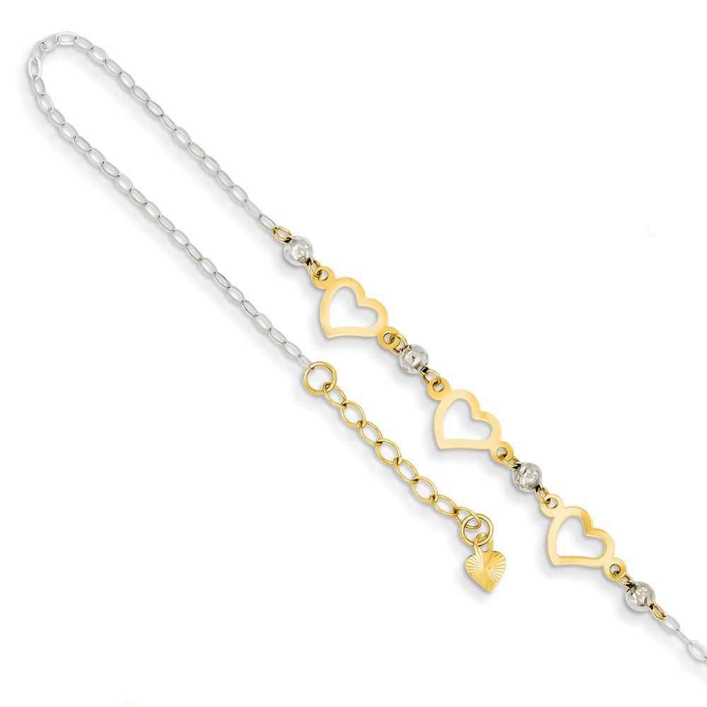 14k Two-Tone Gold Triple Heart and Bead Adjustable Anklet, 9 Inch, Item A8509 by The Black Bow Jewelry Co.