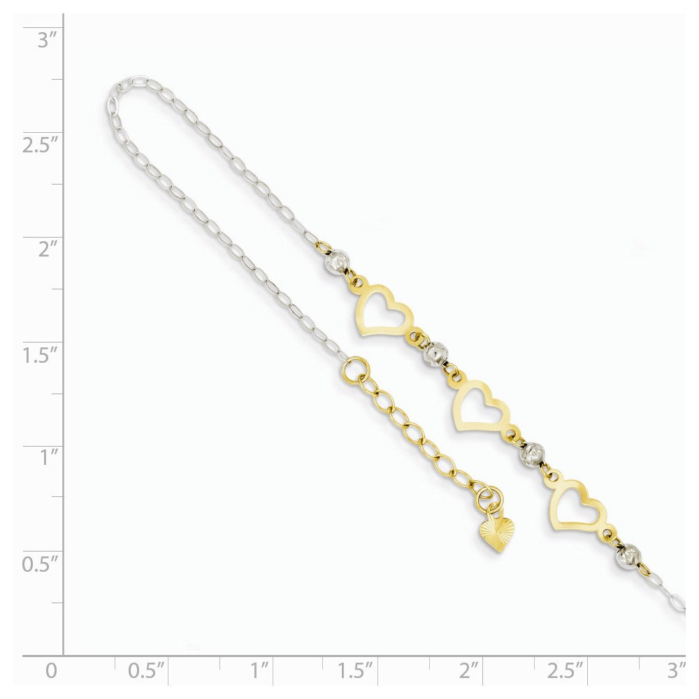 Alternate view of the 14k Two-Tone Gold Triple Heart and Bead Adjustable Anklet, 9 Inch by The Black Bow Jewelry Co.