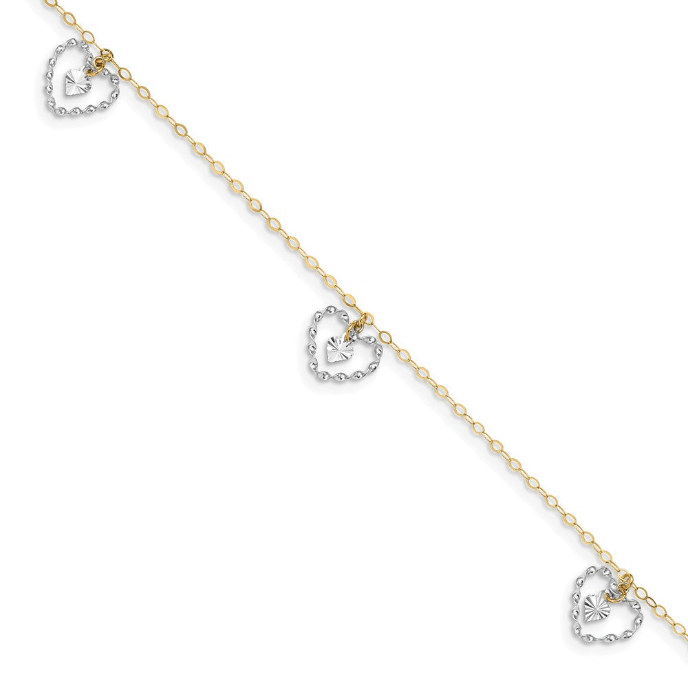 14k Two-Tone Gold Dangling Double Heart Adjustable Anklet, 9 Inch, Item A8510 by The Black Bow Jewelry Co.