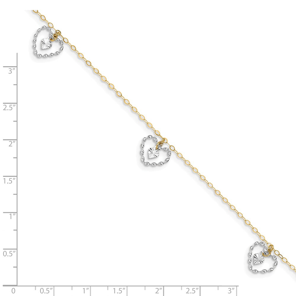 Alternate view of the 14k Two-Tone Gold Dangling Double Heart Adjustable Anklet, 9 Inch by The Black Bow Jewelry Co.