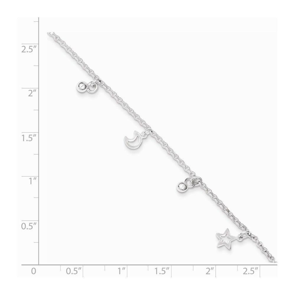 Alternate view of the Sterling Silver 1.5mm Rolo Chain Moon, Star And Bead Anklet, 9-10 Inch by The Black Bow Jewelry Co.