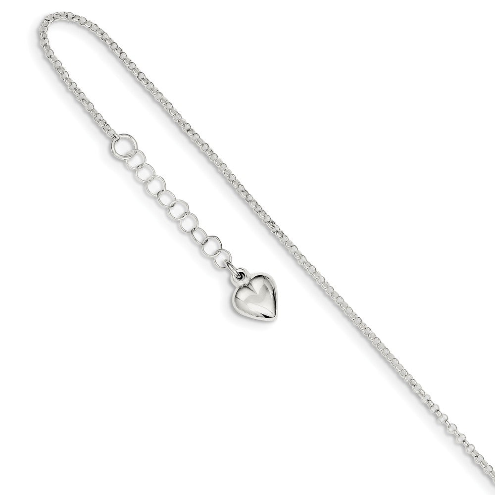 Sterling Silver 1.5mm Cable Chain And Puffed Heart Anklet, 9-10 Inch, Item A8529 by The Black Bow Jewelry Co.