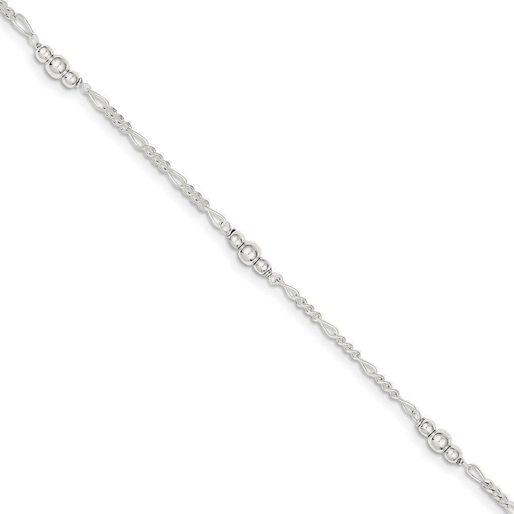 Sterling Silver Bead Figaro Chain Adjustable Anklet, 9 Inch, Item A8532 by The Black Bow Jewelry Co.