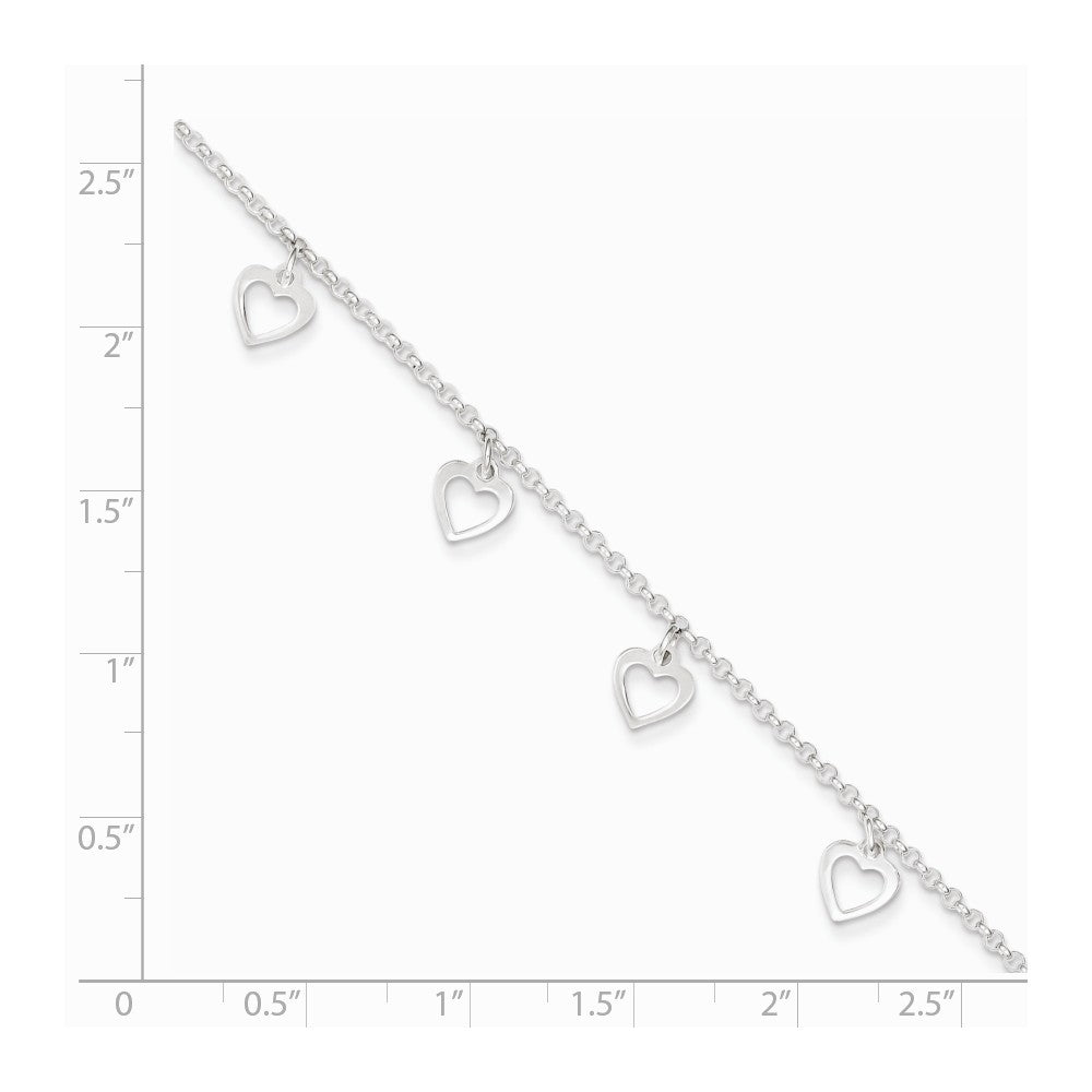 Alternate view of the Sterling Silver Dangling Open Heart Charm Adjustable Anklet, 9 Inch by The Black Bow Jewelry Co.