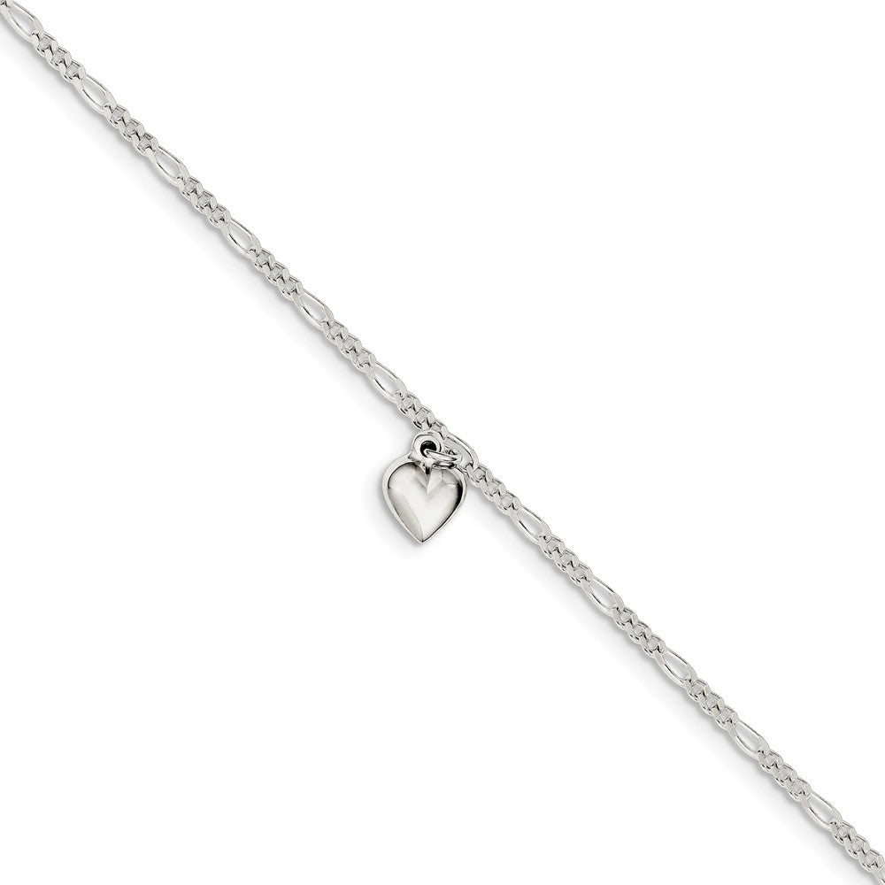 Sterling Silver Figaro Chain Dangling Heart Adjustable Anklet, 9 Inch, Item A8535 by The Black Bow Jewelry Co.