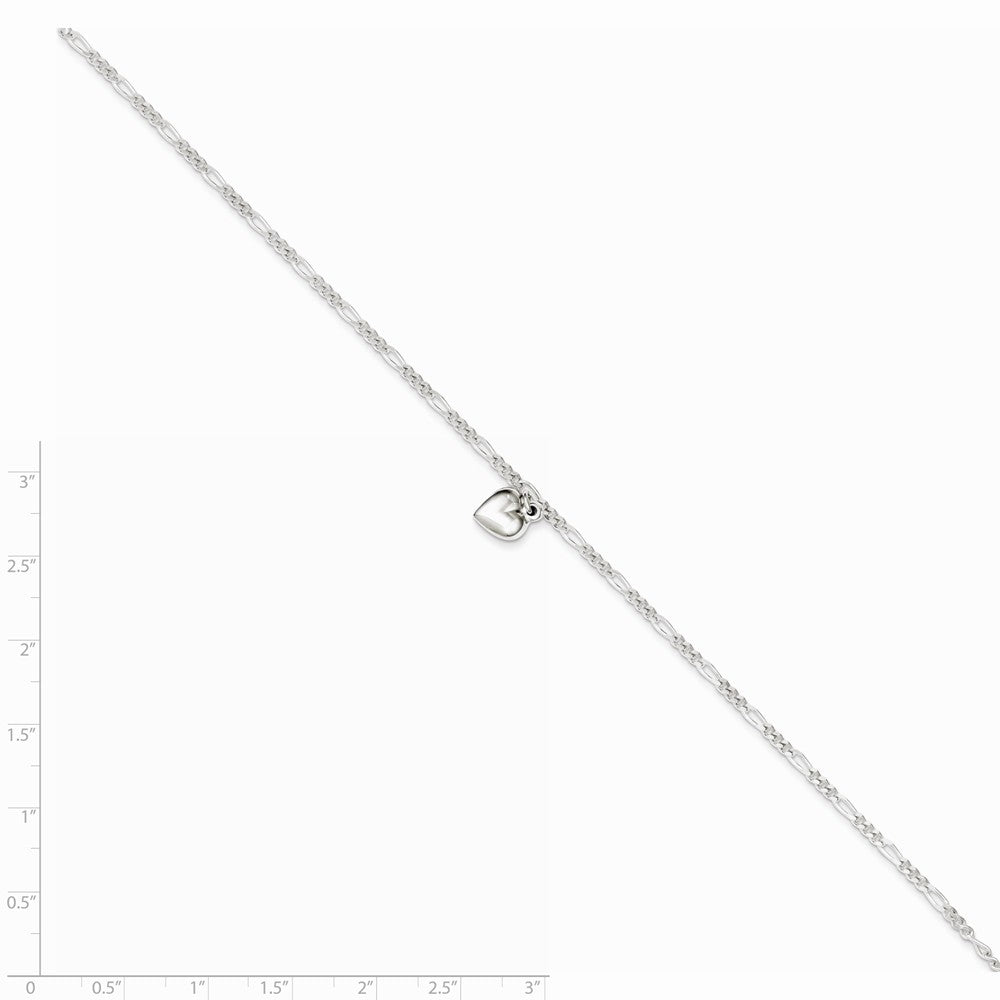 Alternate view of the Sterling Silver Figaro Chain Dangling Heart Adjustable Anklet, 9 Inch by The Black Bow Jewelry Co.