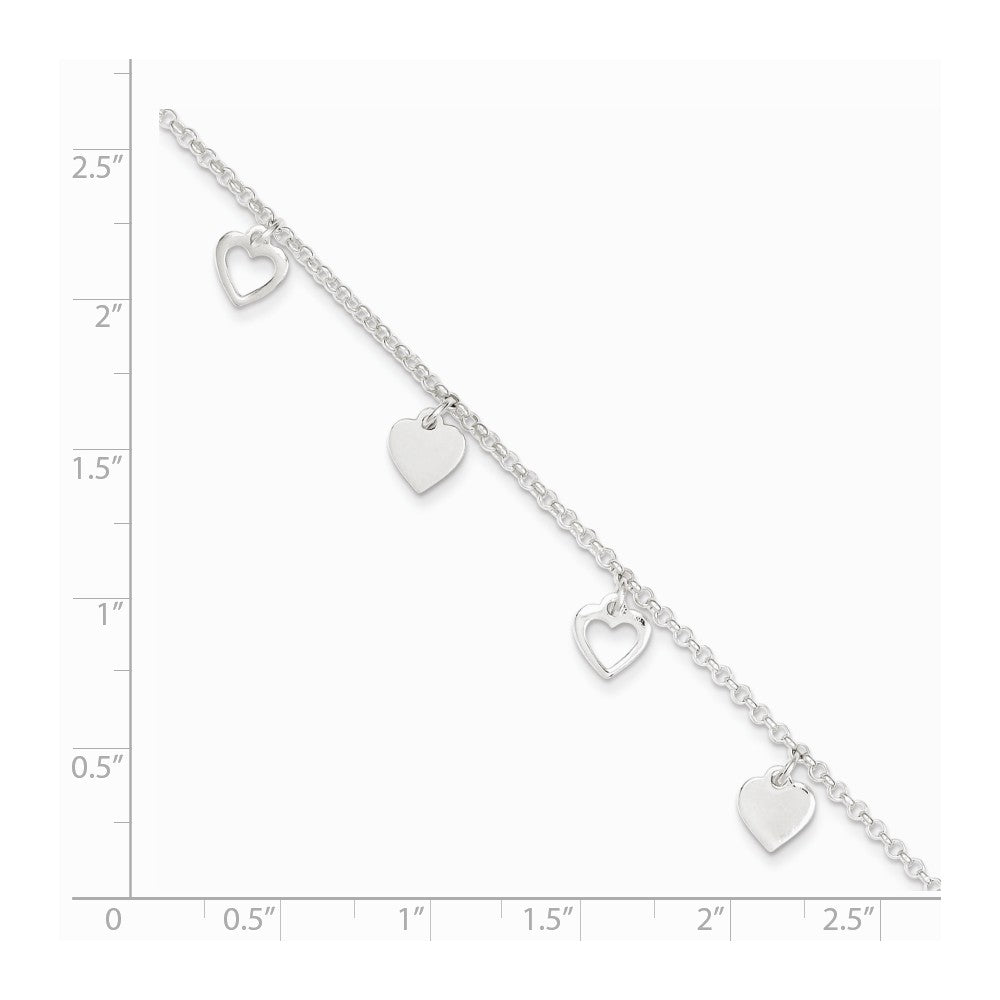Alternate view of the Sterling Silver Dangling Heart Charms Adjustable Anklet, 9 Inch by The Black Bow Jewelry Co.