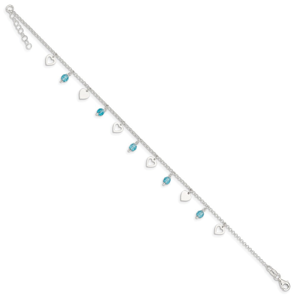 Alternate view of the Sterling Silver Heart and Blue Glass Bead Adjustable Anklet, 9 Inch by The Black Bow Jewelry Co.