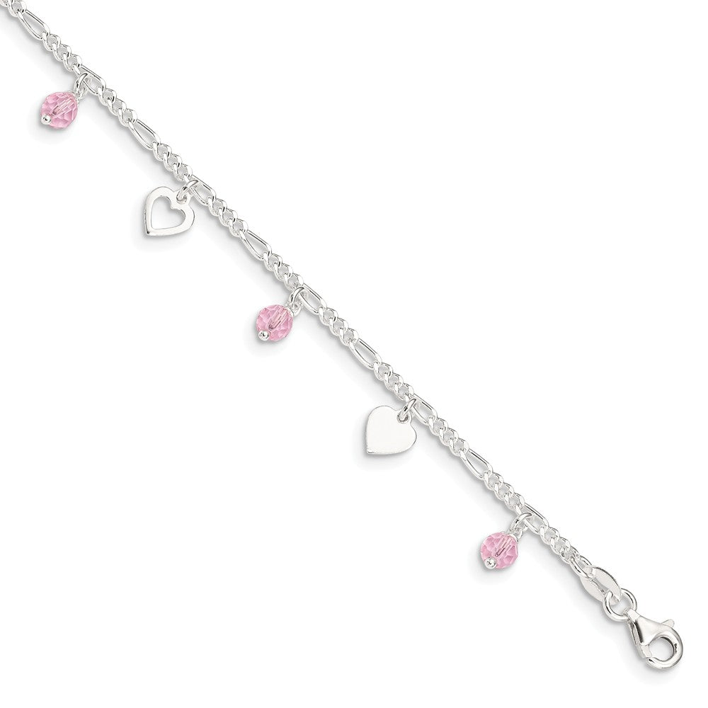Sterling Silver Heart and Rose Glass Bead Adjustable Anklet, 9 Inch, Item A8538 by The Black Bow Jewelry Co.