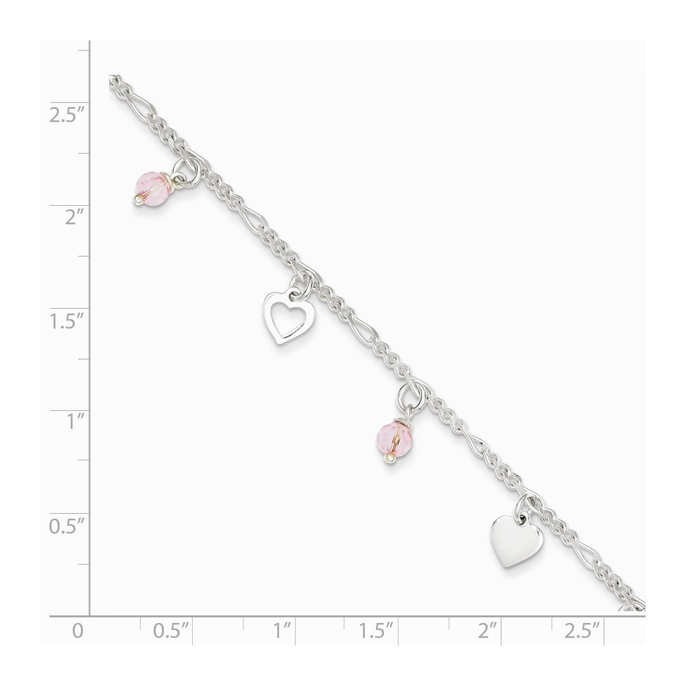 Alternate view of the Sterling Silver Heart and Rose Glass Bead Adjustable Anklet, 9 Inch by The Black Bow Jewelry Co.